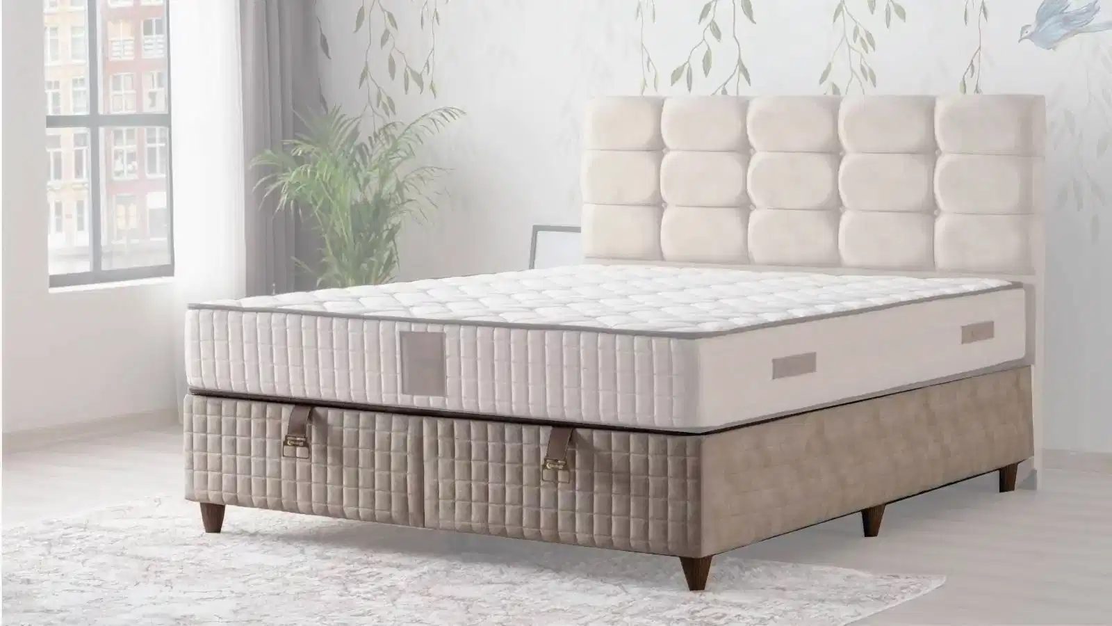 BAMBOO BAZA Bamboo Baza 140x190 modeli, açık bej kumaş kaplamalı modern baza