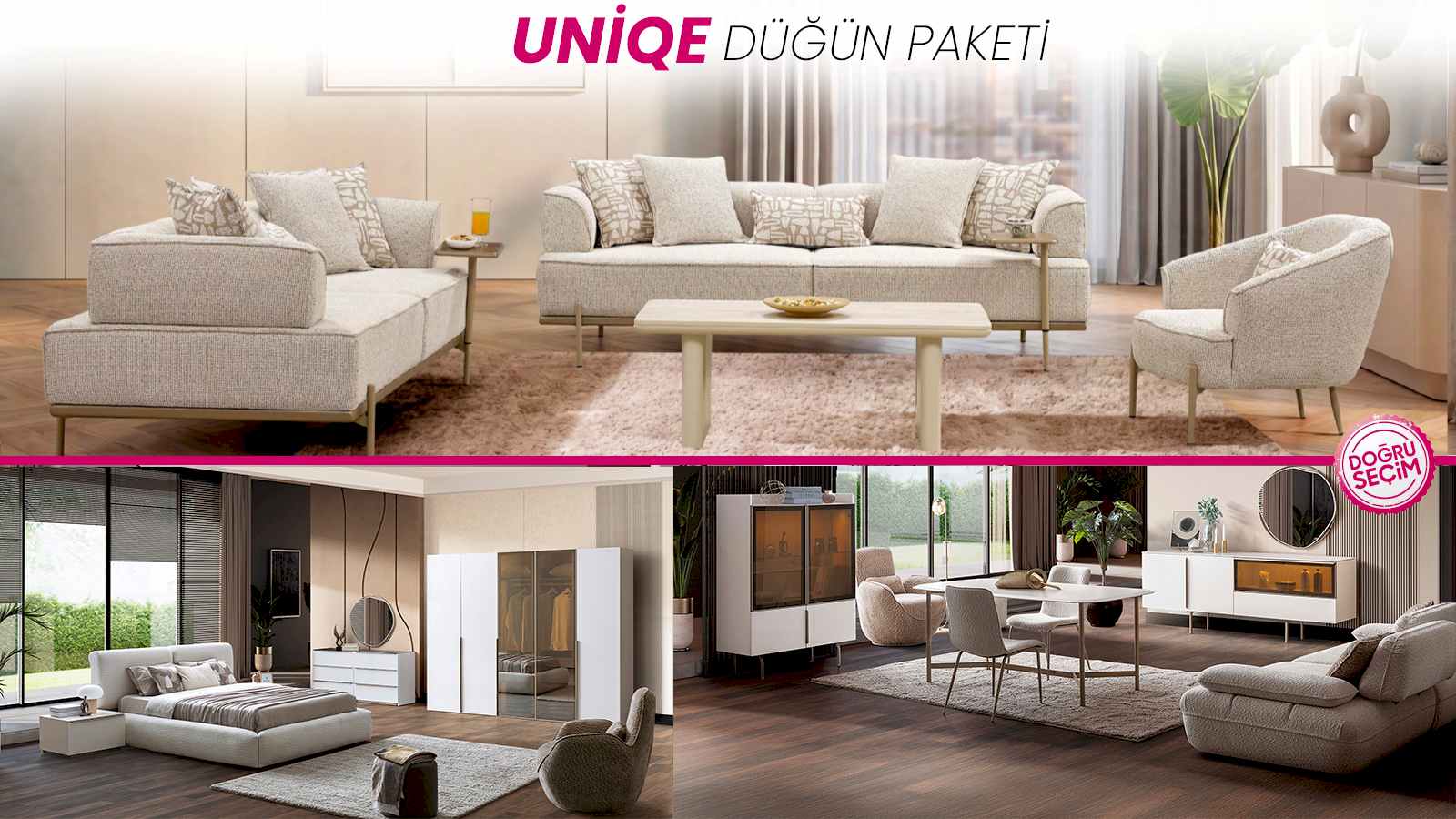 UNİQE DÜĞÜN PAKETİ UNİQE Düğün Paketi oturma grubu, yatak odası ve salon mobilyaları