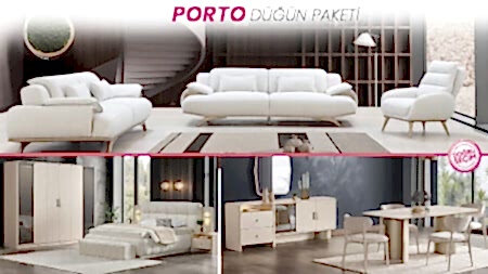 Porto Düğün Paketi salon, yatak odası ve yemek odası mobilyaları