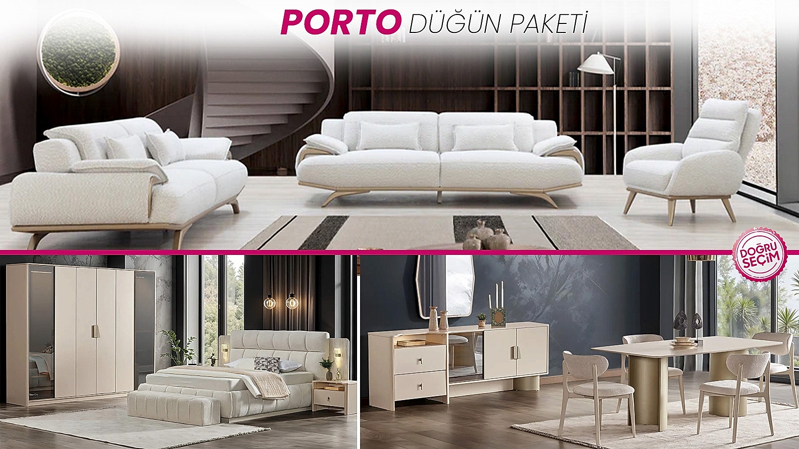 PORTO DÜĞÜN PAKETİ Porto Düğün Paketi salon, yatak odası ve yemek odası mobilyaları