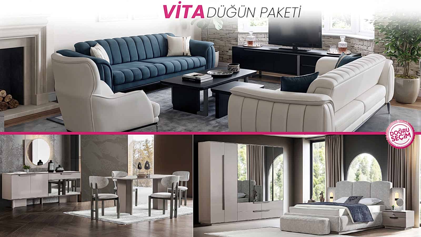 VİTA DÜĞÜN PAKETİ VİTA Düğün Paketi salon, yemek odası ve yatak odası mobilyaları