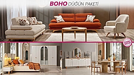 Boho Düğün Paketi salon, yatak odası ve yemek odası mobilyaları