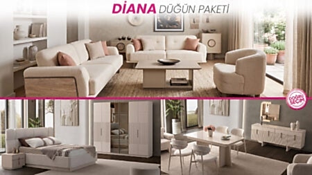 DİANA Düğün Paketi salon, yemek odası ve yatak odası mobilyaları