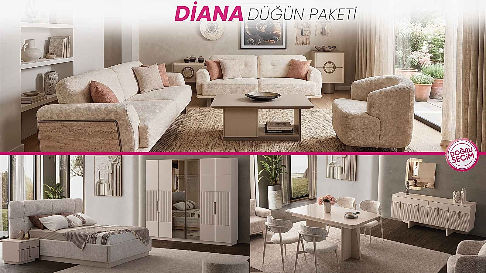 DİANA DÜĞÜN PAKETİ DİANA Düğün Paketi salon, yemek odası ve yatak odası mobilyaları