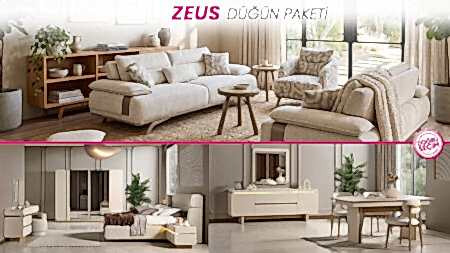 ZEUS Düğün Paketi oturma odası, yatak odası ve yemek odası mobilyaları
