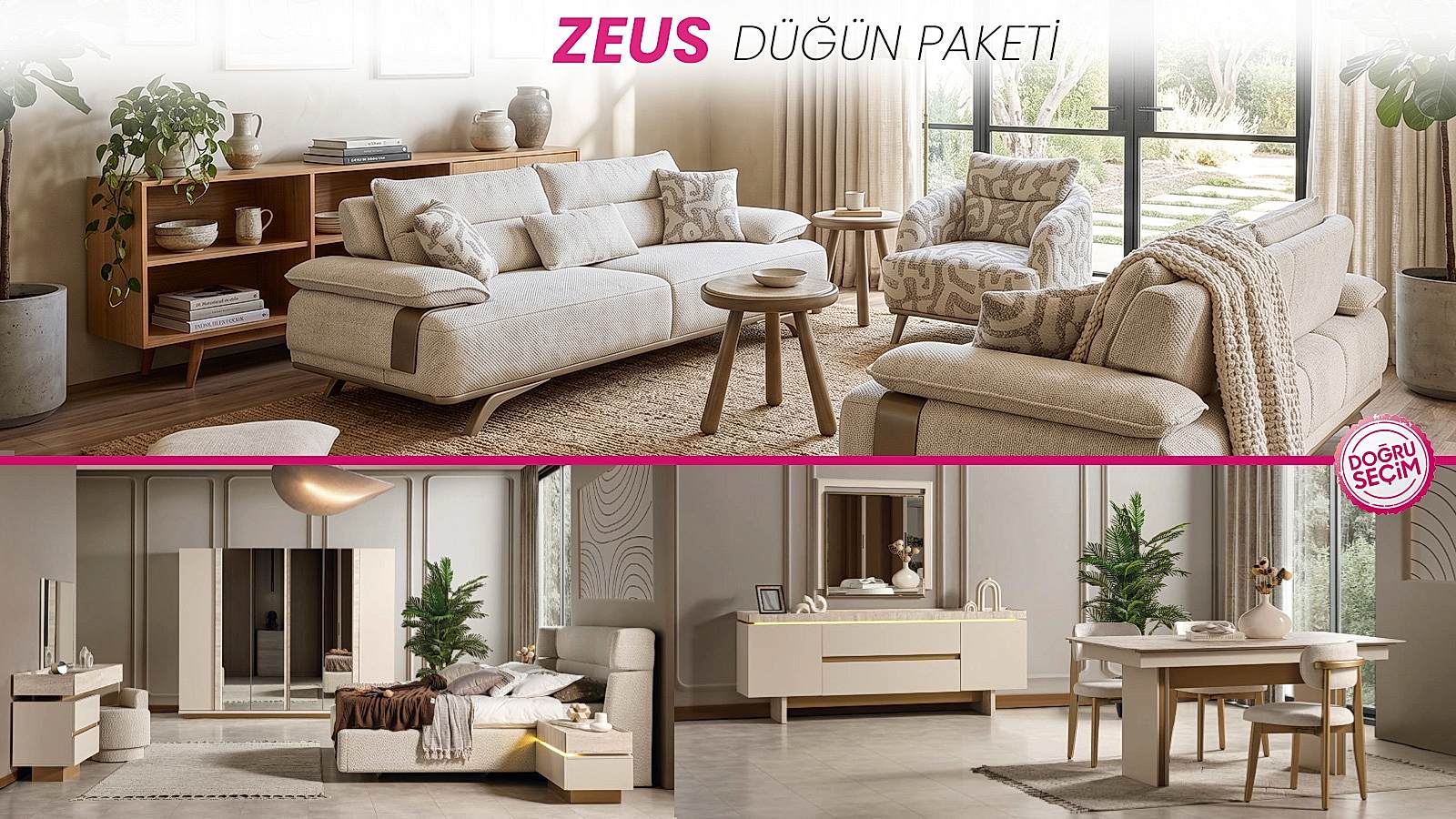 ZEUS DÜĞÜN PAKETİ ZEUS Düğün Paketi oturma odası, yatak odası ve yemek odası mobilyaları
