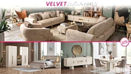 VELVET DÜĞÜN PAKETİ oturma grubu, yatak odası ve yemek odası takımı