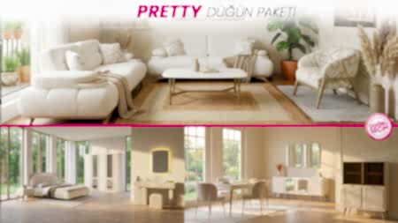 Pretty Düğün Paketi oturma odası, yatak odası ve yemek odası mobilyaları