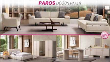 PAROS Düğün Paketi oturma grubu, yatak odası takımı ve yemek odası mobilyaları