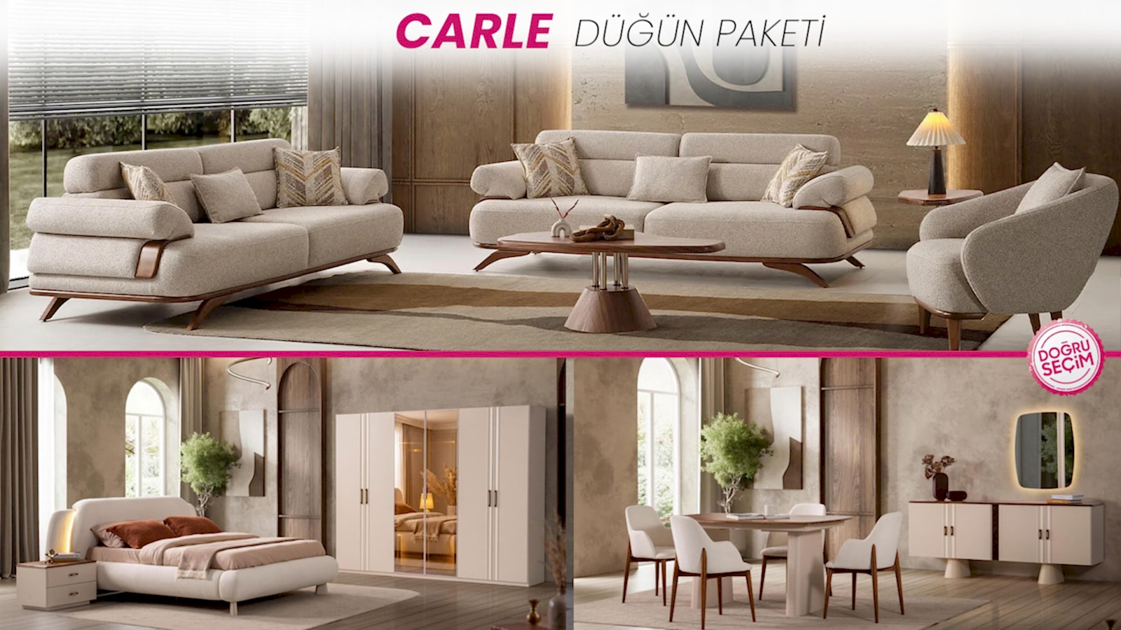 CARLE DÜĞÜN PAKETİ Carle Paket düğün paketi oturma odası, yatak odası ve yemek odası mobilyaları