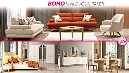 Boho Mini Düğün Paketi salon, yatak odası ve yemek odası mobilyaları
