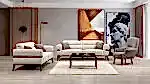 Gosnug koltuk takımı modern oturma odasında beyaz üçlü ve ikili koltuk ile kahverengi berjer