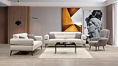 Gosnug koltuk takımı modern oturma odasında beyaz üçlü ve ikili koltuk ile kahverengi berjer