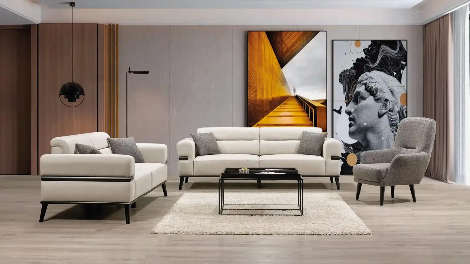 GOSNUG KOLTUK TAKIMI Gosnug koltuk takımı modern oturma odasında beyaz üçlü ve ikili koltuk ile kahverengi berjer