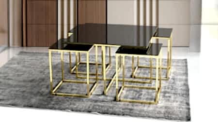 Yavrulu Sehpa Açık Ceviz modeli, altın sarısı metal ayaklı ve cam yüzeyli modern sehpa seti