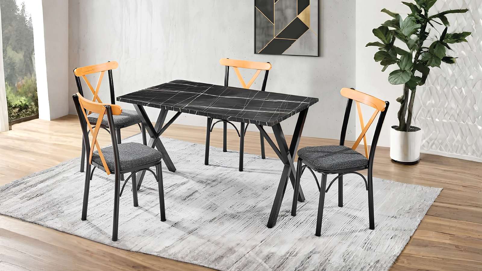 MALAGA MASA + 4 SANDALYE MALAGA MASA + 4 SANDALYE yemek odası takımı siyah mermer desenli masa ve ahşap detaylı sandalyeler