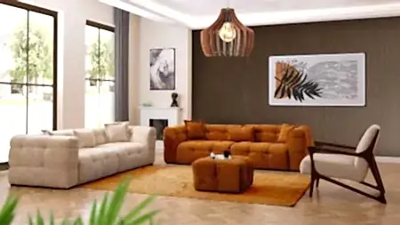 PUFFY KOLTUK TAKIMI 3+3+1 oturma odası takımı, modern tasarım, bej ve turuncu renkli koltuklar