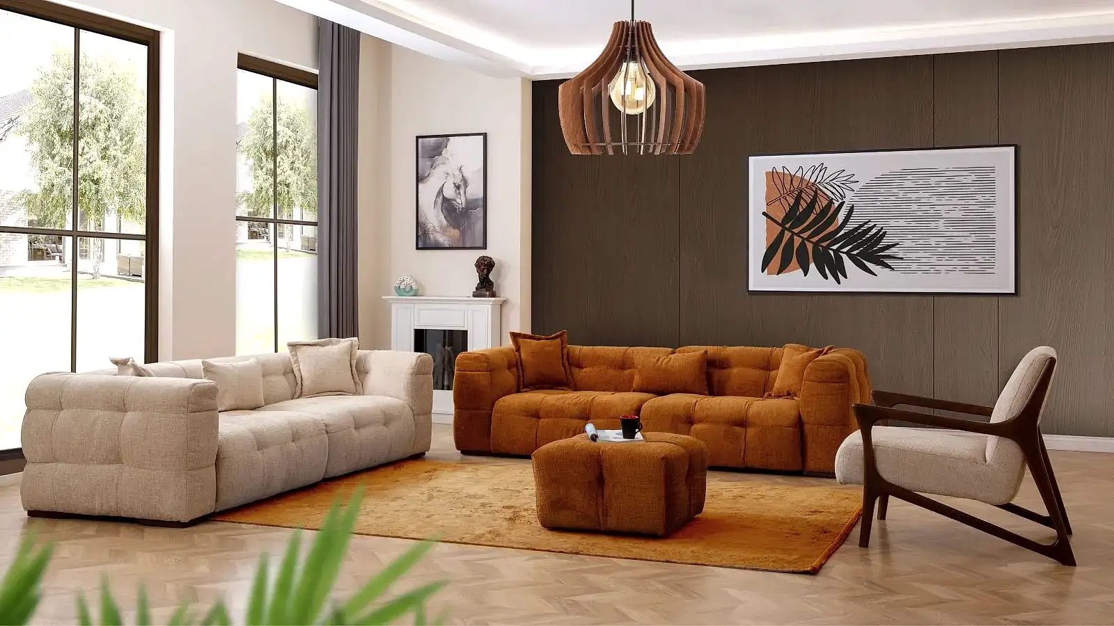 RİO BERJER GOLD PUFFY KOLTUK TAKIMI 3+3+1 oturma odası takımı, modern tasarım, bej ve turuncu renkli koltuklar
