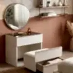 UNIQE Makyaj Masası beyaz renkli, yuvarlak estetik aynalı ve fonksiyonel çekmeceli model