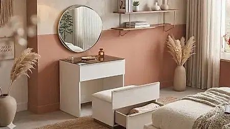 UNIQE Makyaj Masası beyaz renkli, yuvarlak estetik aynalı ve fonksiyonel çekmeceli model