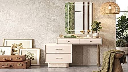 Rose Makyaj Masası modern tasarım ve aydınlatmalı ayna ile yatak odasında