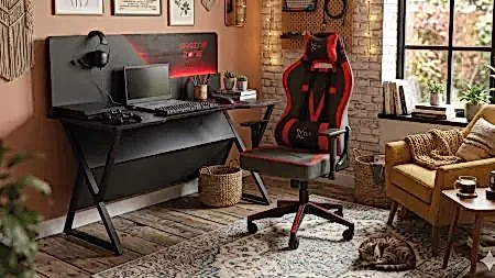 RİO Gaming Oyuncu Koltuk ve Masa Seti, siyah-kırmızı renkli ergonomik tasarım