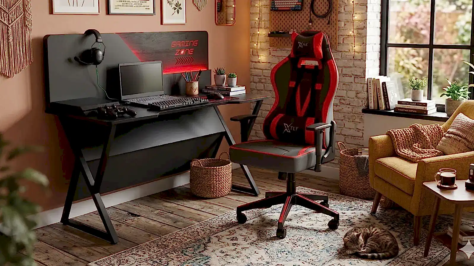GAMİNG ZONE ÇALIŞMA MASASI RİO Gaming Oyuncu Koltuk ve Masa Seti, siyah-kırmızı renkli ergonomik tasarım